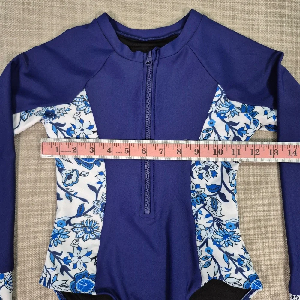 Girls Rash Guard Swimsuit Set Navy Blue Floral Long Sleeve UPF 50+ Size 8Y